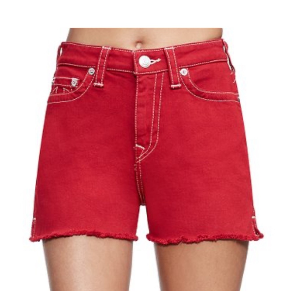 NWOT True Religion Red Mid Cut off fringe Shorts